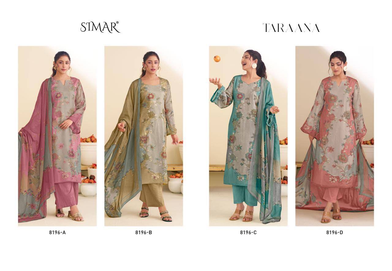 Taraana By Glossy 8196 Series Stylish Beautiful Colourful Twill Organza Dresses At Wholesale Price